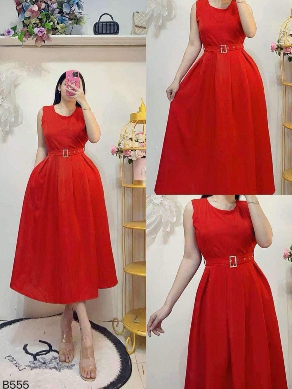 Sleeveless Red Belted Midi Dress